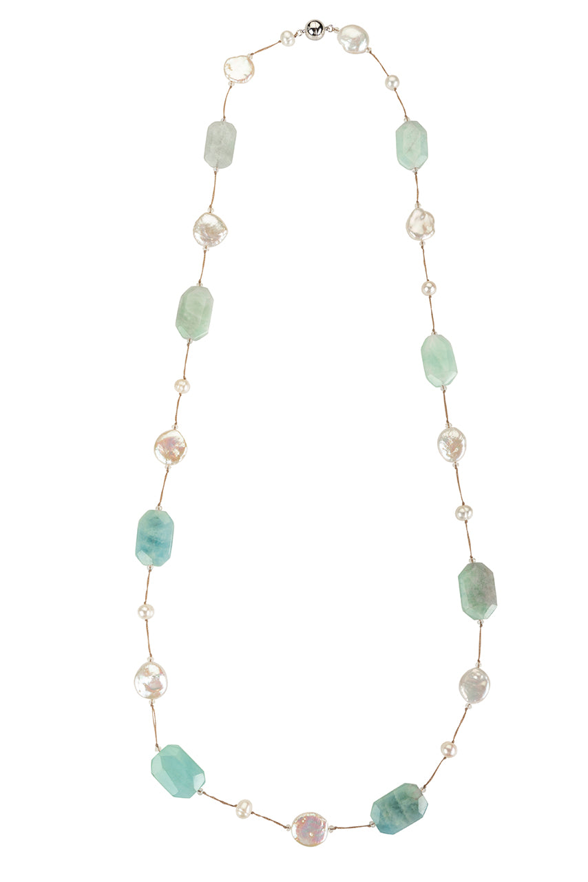 Apatite and pearl necklace with removable charms - aquamarine, golden
